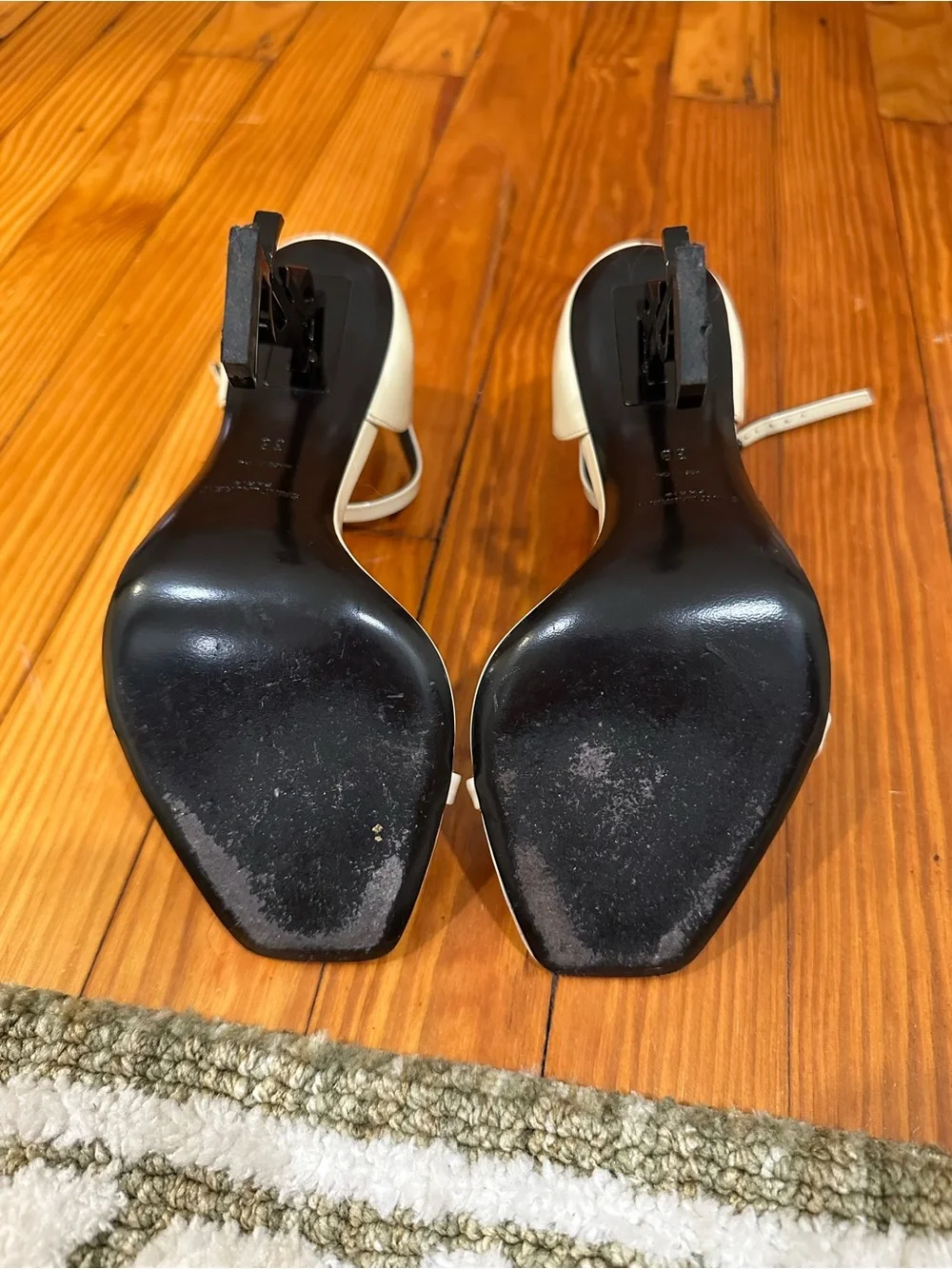 Saint Laurent Ivory Patent Leather Opyum Sandals with Logo Heel